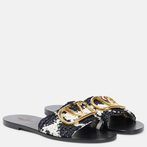 Valentino VLogo Signature sandal in black and white raffia-effect slides